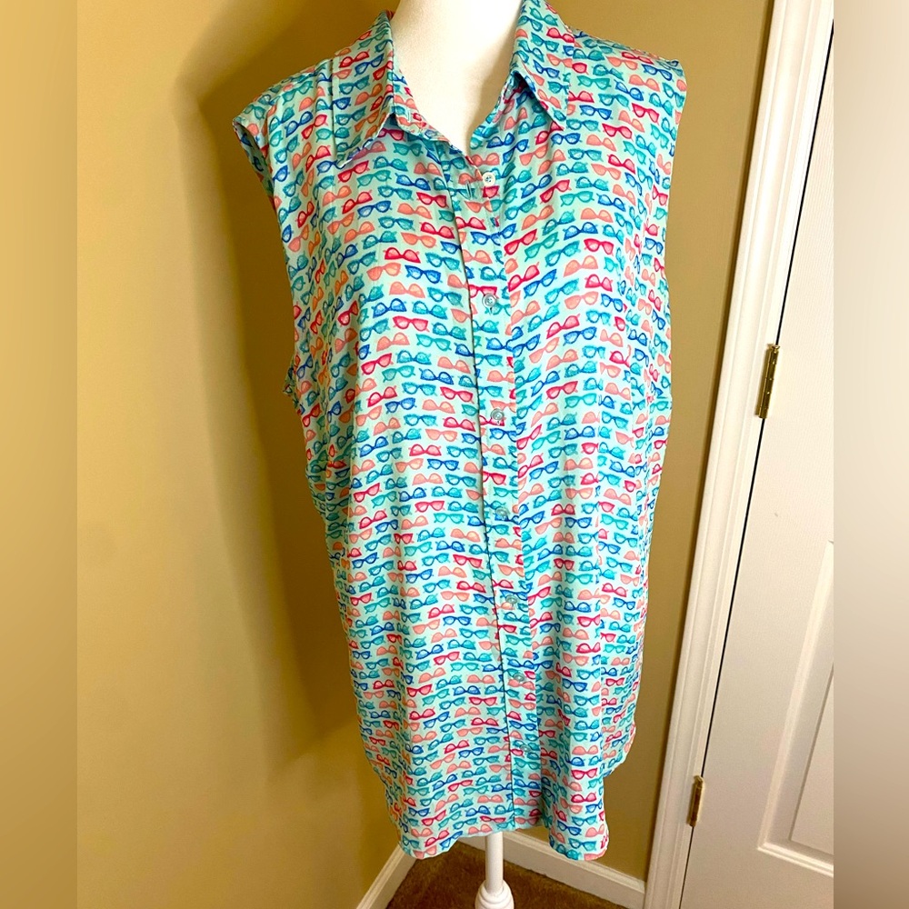 Talbots 2X Green Sleeveless Sunglasses Print Button up Sheer Blouse